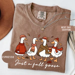 May include: Espresso-colored t-shirt featuring a whimsical illustration of four geese dressed in fall attire. The geese are wearing sweaters, scarves, and hats, with one holding a coffee cup. The text "Just a fall goose" is written below the geese.
