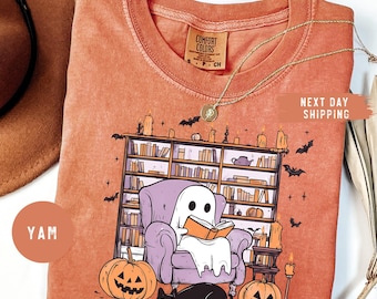 Comfort Colors® Retro Ghost Reading Comfort Colors Shirt, Librarian Halloween TShirt, Teacher Boo Shirt, Spooky Season Gift, Cute Fall Tee