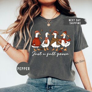 May include: Dark gray t-shirt featuring a whimsical illustration of four geese dressed in fall attire. The geese are wearing sweaters, scarves, and hats, with one holding a coffee cup. The text "Just a fall goose" is written below the geese.