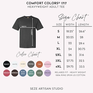 May include: A dark gray Comfort Colors heavyweight adult tee shirt with a size chart and color chart. The size chart shows measurements in inches. The color chart displays various colors, including black, white, and crimson.