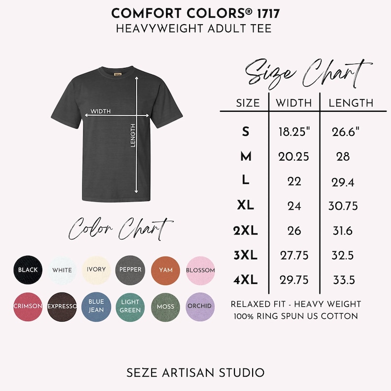 May include: A dark gray Comfort Colors heavyweight adult tee shirt with a size chart and color chart. The size chart shows measurements in inches. The color chart displays various colors, including black, white, and crimson.