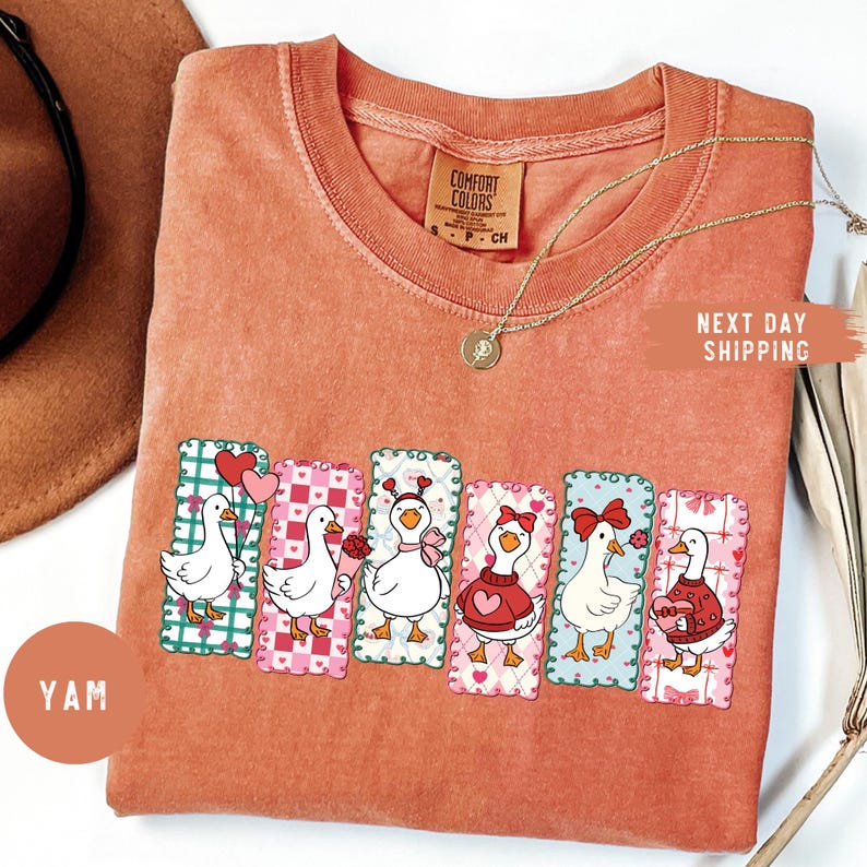 Puede incluir: Camiseta de color coral con dibujos de gansos de dibujos animados con dise&ntilde;os del D&iacute;a de San Valent&iacute;n. Cada ganso est&aacute; en un parche decorativo con corazones y patrones. La camiseta tiene cuello redondo y una etiqueta peque&ntilde;a. El texto "YAM" es visible.
