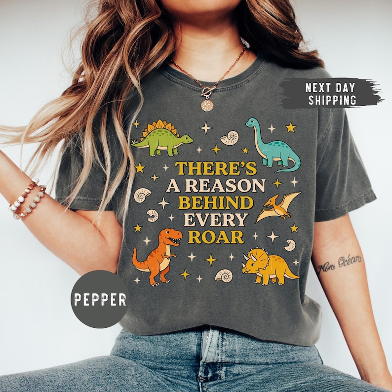 May include: Dark gray t-shirt featuring a colorful dinosaur graphic with the text "THERE'S A REASON BEHIND EVERY ROAR". The design includes various dinosaurs, stars, and shell illustrations. The shirt is a relaxed fit.