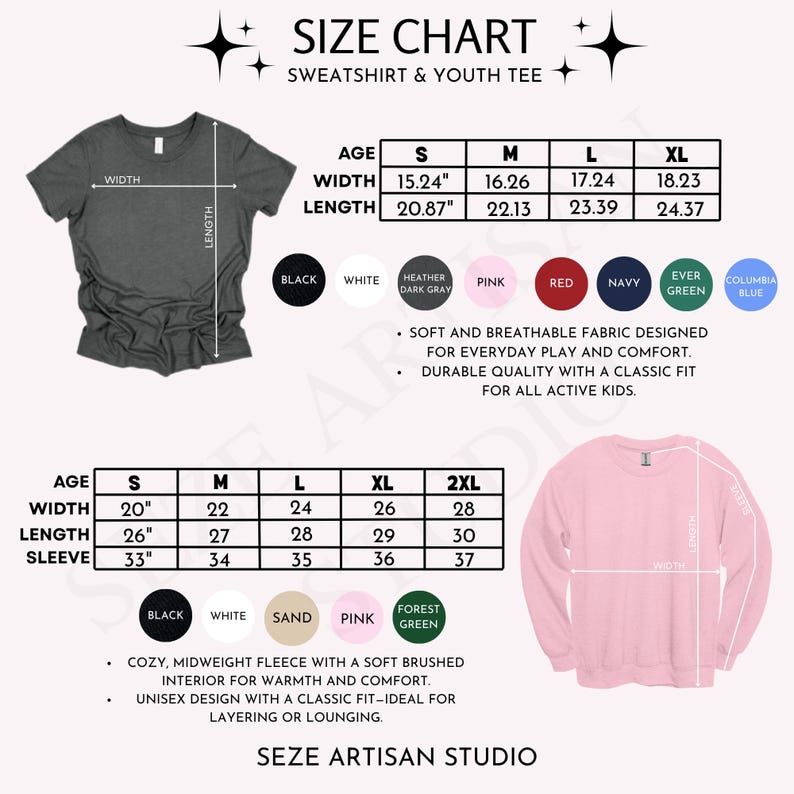 May include: Size chart for a sweatshirt and youth tee. The chart includes measurements for width, length, and sleeve length in inches. Available colors are black, white, heather dark gray, pink, red, navy, ever green, and columbia blue.