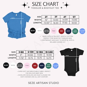 May include: Size chart for toddler and bodysuit tees. Includes measurements for sizes 3-6M to 5T. Features a blue tee and a black bodysuit, with color swatches. Made with ultra-soft, gentle cotton for sensitive skin.