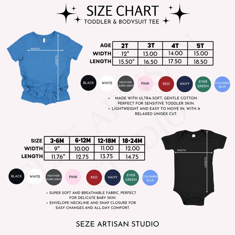 May include: Size chart for toddler and bodysuit tees. Includes measurements for sizes 3-6M to 5T. Features a blue tee and a black bodysuit, with color swatches. Made with ultra-soft, gentle cotton for sensitive skin.