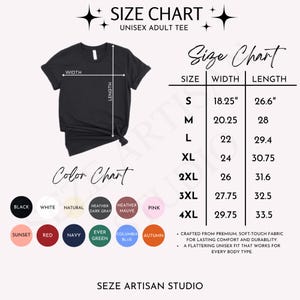 May include: A black unisex adult tee shirt with a size chart and color chart. The size chart shows measurements in inches for sizes S to 4XL. The color chart displays various colors, including black, white, and pink.