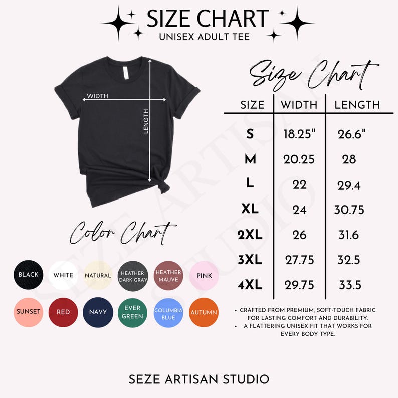 May include: A black unisex adult tee shirt with a size chart and color chart. The size chart shows measurements in inches for sizes S to 4XL. The color chart displays various colors, including black, white, and pink.