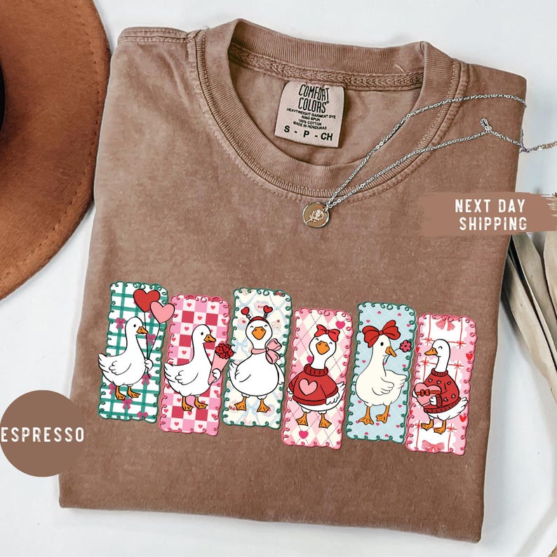 Puede incluir: Camiseta color espresso con cuello redondo. La camiseta presenta un gr&aacute;fico de seis gansos de dibujos animados, cada uno con un atuendo diferente de San Valent&iacute;n, sobre fondos estampados coloridos. La camiseta tiene una etiqueta Comfort Colors.