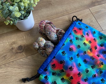 Tie Dye Paw Prints Project Bag for Knitting Crocheting Crafty Fiber Art Dog Lovers Ready to Ship