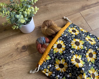 Sunflowers and Bees Project Bag for Knitting Crocheting Crafty Fiber Art Dog Lovers Ready to Ship