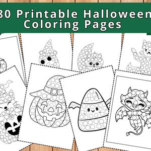 May include: 80 Printable Halloween Colouring Pages. Black and white illustrations of Halloween characters, including a pumpkin, a ghost, a cat, a candy corn, and a devil, with circles for dot painting.