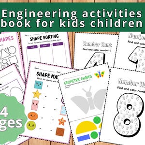 Puede incluir: Un conjunto de 54 hojas de trabajo imprimibles para niños que presentan actividades como la clasificación de formas, la coincidencia y la búsqueda de números. Las hojas de trabajo son en blanco y negro y presentan ilustraciones coloridas.