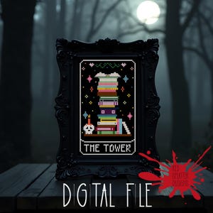 May include: A framed cross-stitch design featuring a stack of colorful books, a skull, and the text "THE TOWER" on a black background. The frame is black and ornate. The words "DIGITAL FILE" are at the bottom.