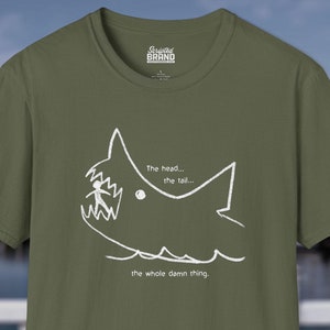 Jaws Quint Shark Chalkboard Shirt - Unisex Softstyle T-Shirt Brody Hooper Orca Great White Amity 70s Movie Chalk Drawing Vintage Gift Tee