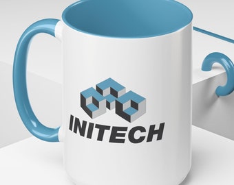 Initech Office Space Mug (blue handle) - Gift Movie Fictional Brand Company Logo TPS Report Workplace Cult Classic 90s Nerdy Coffee Tea Cup