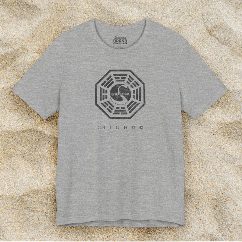 Heather grey short-sleeve t-shirt featuring the Dharma Initiative swan logo graphic from the TV show LOST in a vintage distressed style.