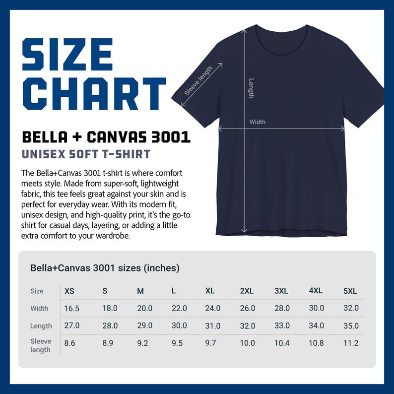 Size Chart of the Bella+Canvas 3001 Unisex Soft Short-sleeve t-shirt sold by ScriptedBrand.