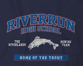 Koszulka w stylu vintage z motywem Riverrun High School z serialu Gra o Tron – fanka Tully z Westeros House. Miękka bawełniana koszulka unisex.