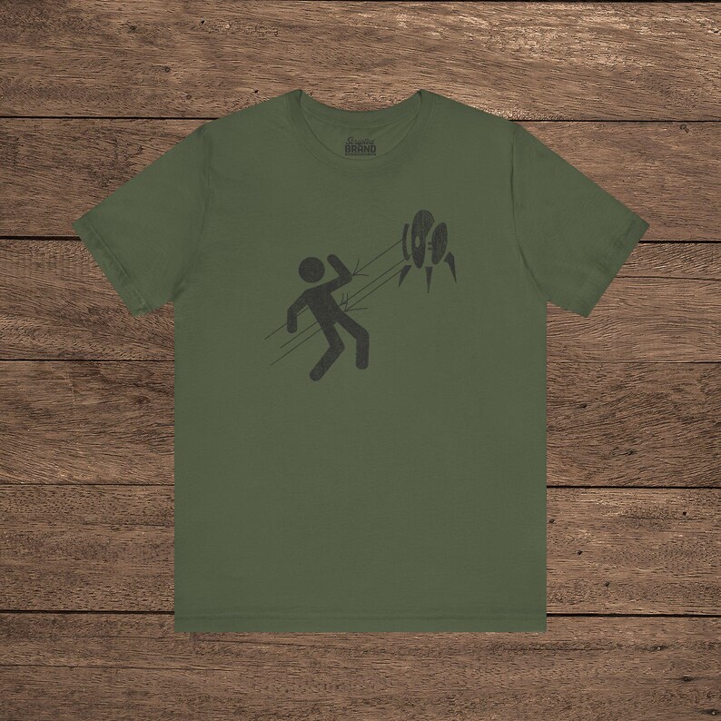 Military green Aperture Science Turret warning icon t-shirt on Bella+Canvas 3001, vintage distressed print, Portal and Portal 2 fan tee.