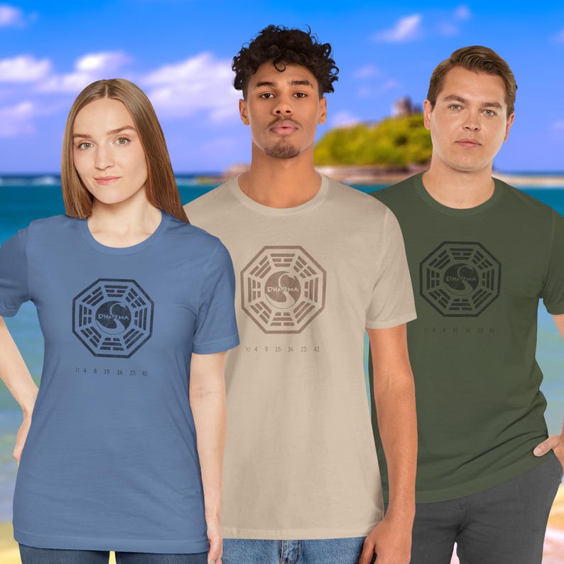 Models wearing short-sleeve t-shirts featuring the Dharma Initiative swan logo graphic from the TV show LOST in a vintage distressed style.