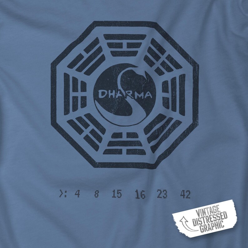 Closeup of Lavender Blue short-sleeve t-shirt featuring the Dharma Initiative swan logo graphic from the TV show LOST in a vintage distressed style.