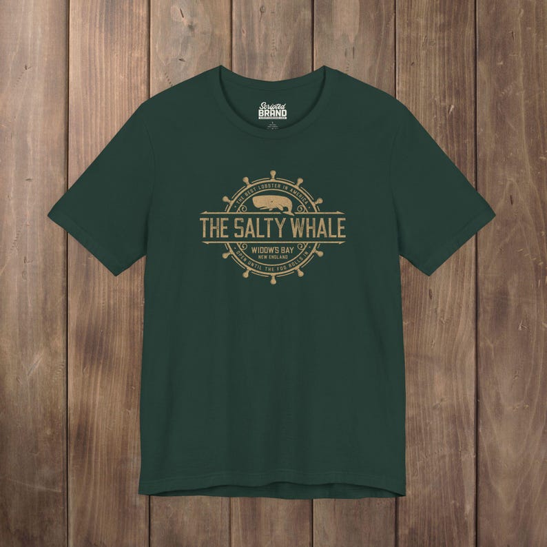 Forest green The Salty Whale vintage distressed pub logo t-shirt inspired by Widow's Bay Apple TV series, soft Bella+Canvas cotton tee