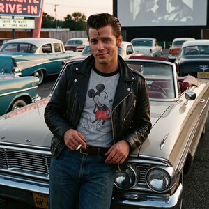 Man at drive-in wearing black ringer tee with distressed Mickey Mouse graphic, Outsiders Two-Bit inspired, sleeves can be cut off