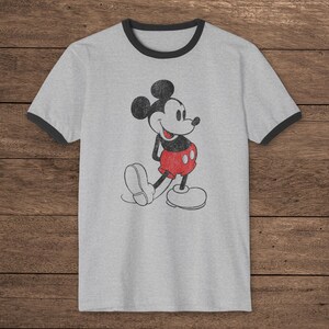 Heather gray and black ringer tee with distressed Mickey Mouse graphic, Outsiders Two-Bit inspired, sleeves can be cut off