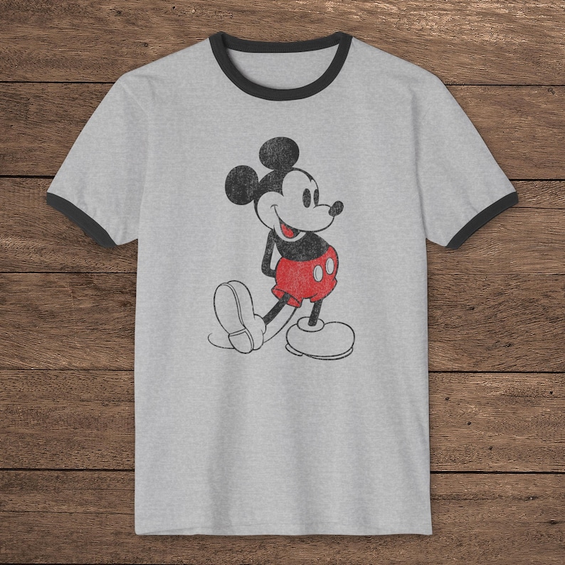 Heather gray and black ringer tee with distressed Mickey Mouse graphic, Outsiders Two-Bit inspired, sleeves can be cut off