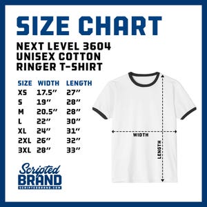 Size Chart of the Next Level 3604 Unisex Cotton Ringer T-Shirt sold by ScriptedBrand.