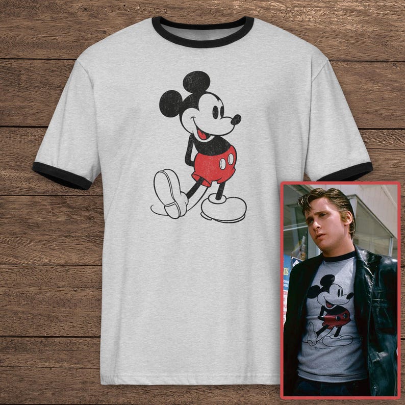 The Outsiders movie inspired Heather gray and black ringer tee with distressed Mickey Mouse graphic, Two-Bit, sleeves can be cut off
