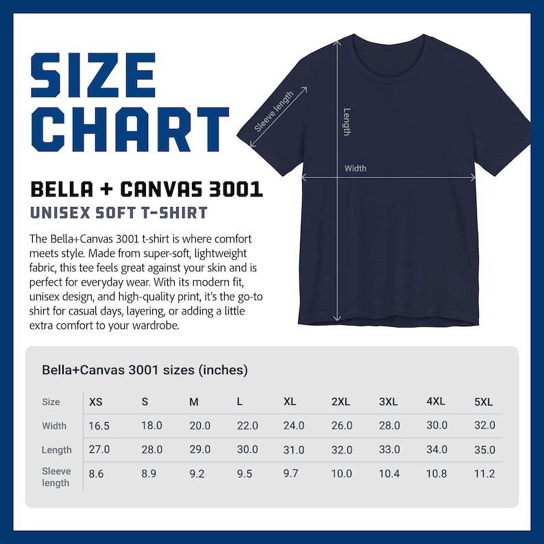 Size Chart of the Bella+Canvas 3001 Unisex Soft Short-sleeve t-shirt sold by ScriptedBrand.