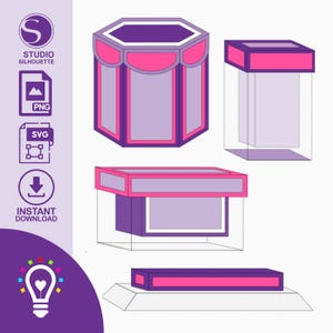May include: A digital graphic set featuring four distinct box-like structures in shades of purple and pink. The designs include a hexagonal container, a tall rectangular box, a wide rectangular box, and a flat rectangular base with a top border.