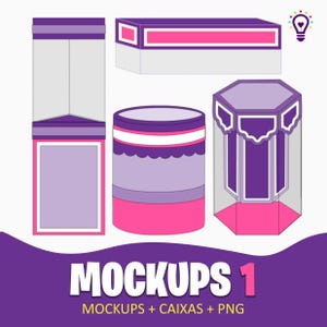 Puede incluir: Una colección de cinco maquetas de cajas digitales en morado, rosa y blanco. El conjunto incluye una caja rectangular alta, una caja horizontal larga, un contenedor cilíndrico y una caja hexagonal. El texto MOCKUPS 1 MOCKUPS + CAIXAS + PNG es visible.