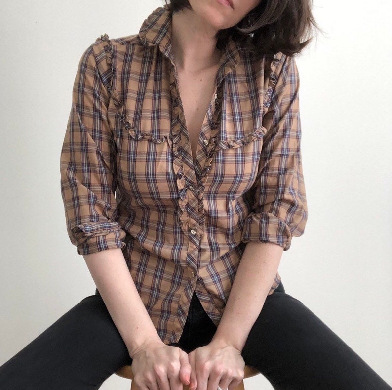 SALE Ruffle Western Plaid Button Up VIntage Western Shirt Small