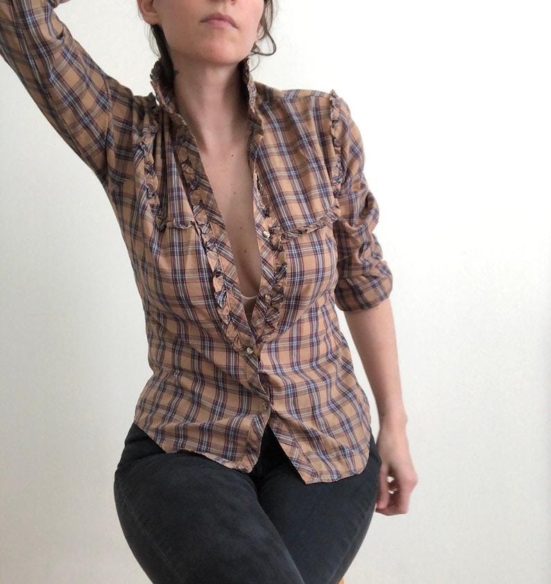 SALE Ruffle Western Plaid Button Up VIntage Western Shirt Small