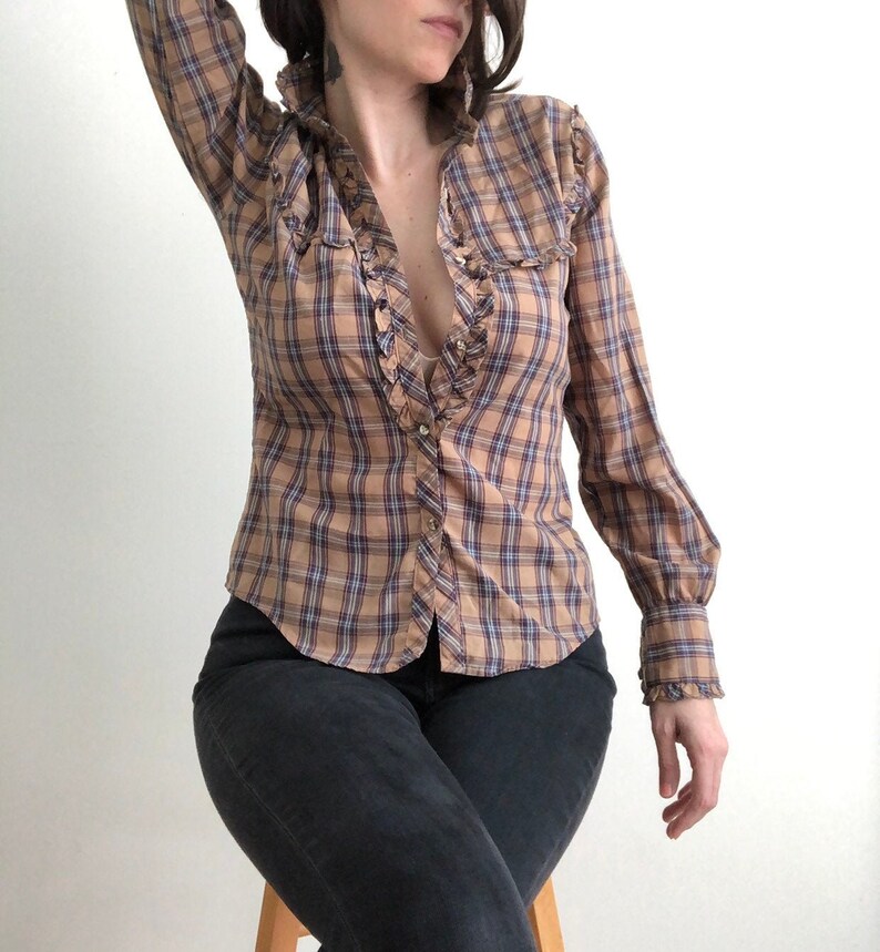 SALE Ruffle Western Plaid Button Up VIntage Western Shirt Small
