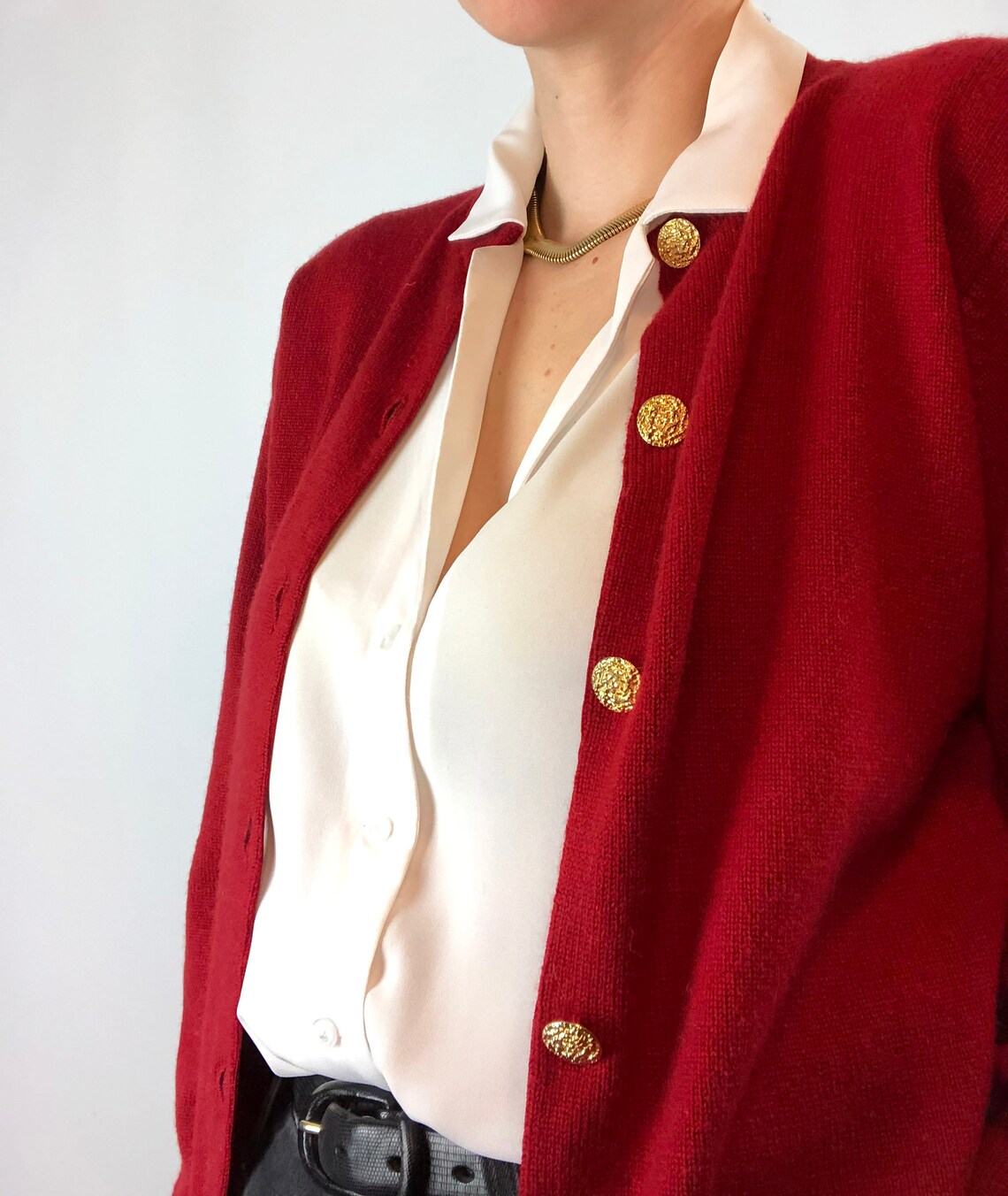 Red Cashmere Cardigan Sweater with Gold Buttons Made in | Etsy