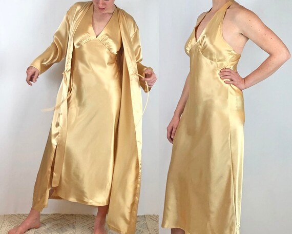Long Satin Slip Dress and Robe, Nightgown Set, Yel