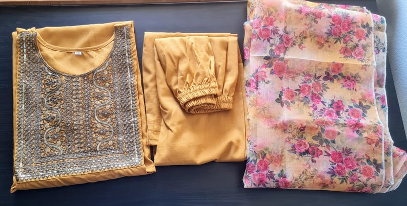 Mustard Yellow Embroidered Kurta Set with Floral Dupatta main image 1