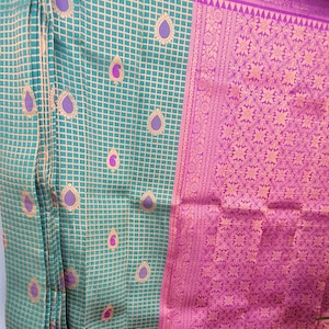 Semi Kanchi Silk saree with Stitched blouse / Green with Pink Jari Border /Festival collection/blouse size 40 (alterable)