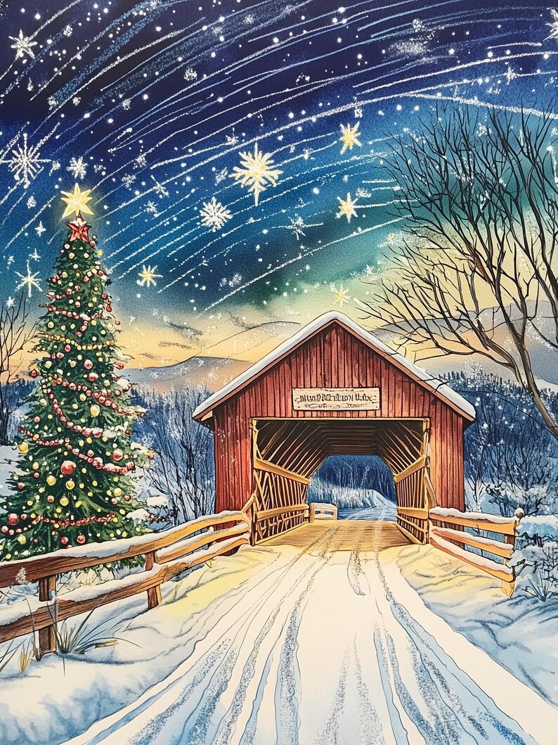 Winter Covered Bridge in New England – Christmas Eve With Snow and ...