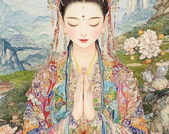 Arte mural sereno de Guanyin: pintura colorida de la diosa budista