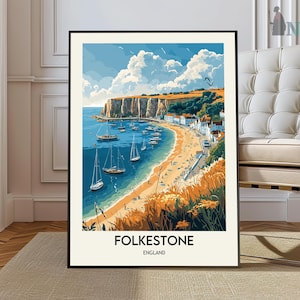 May include: A vintage-style illustration of a coastal scene in Folkestone, England. The image features a white sandy beach with blue water, a cliff face, and sailboats. The text "Folkestone, England" is printed at the bottom of the image.