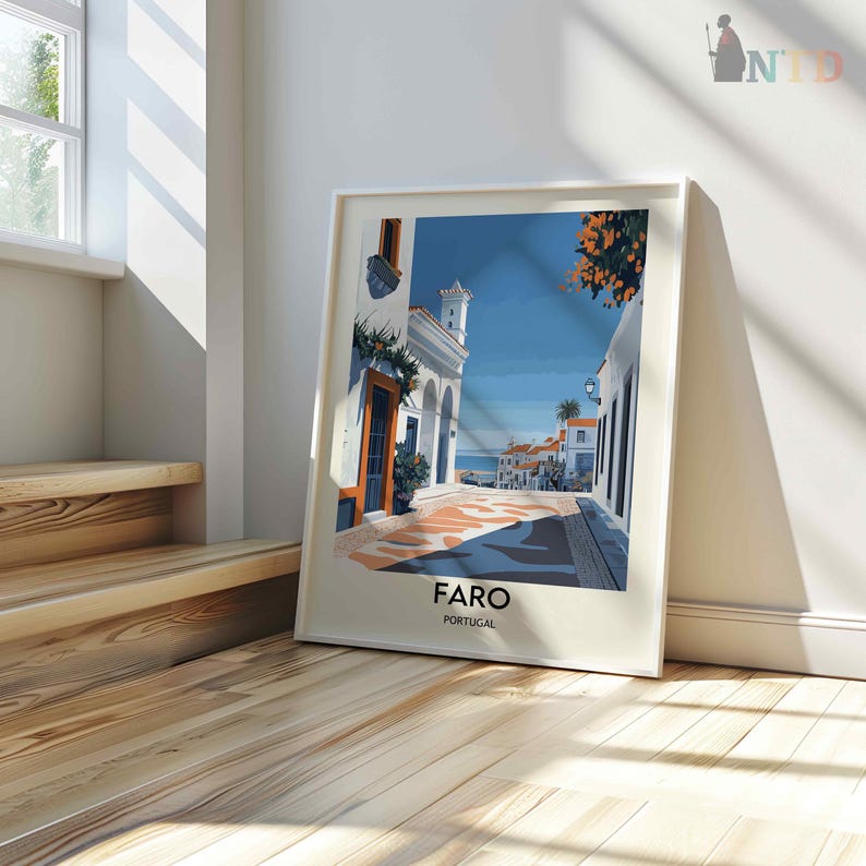 May include: A colorful illustration of a street scene in Faro, Portugal. The image features white buildings with orange flower boxes, a blue sky, and a cobblestone street.