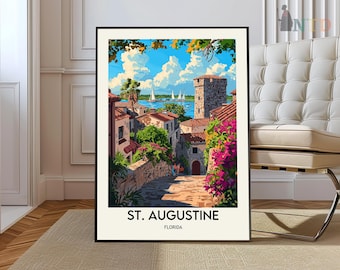 May include: A framed art print of St. Augustine, Florida, featuring a colorful illustration of a coastal town with a stone tower, red-tiled roofs, and vibrant flowers. The artwork depicts a sunny day with sailboats on the water and the text "ST. AUGUSTINE FLORIDA".
