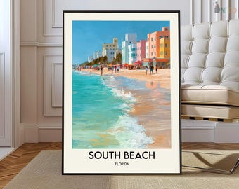 South Beach Miami Poster, Art Deco Ocean Drive Wall Art, Scenic Florida Coastal Beach Landscape Illustration