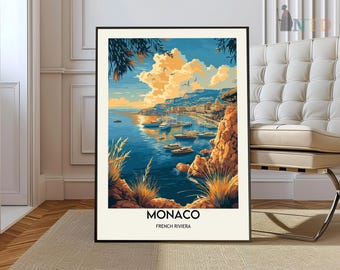 Monaco French Riviera Art Print, Coastal Cityscape Poster