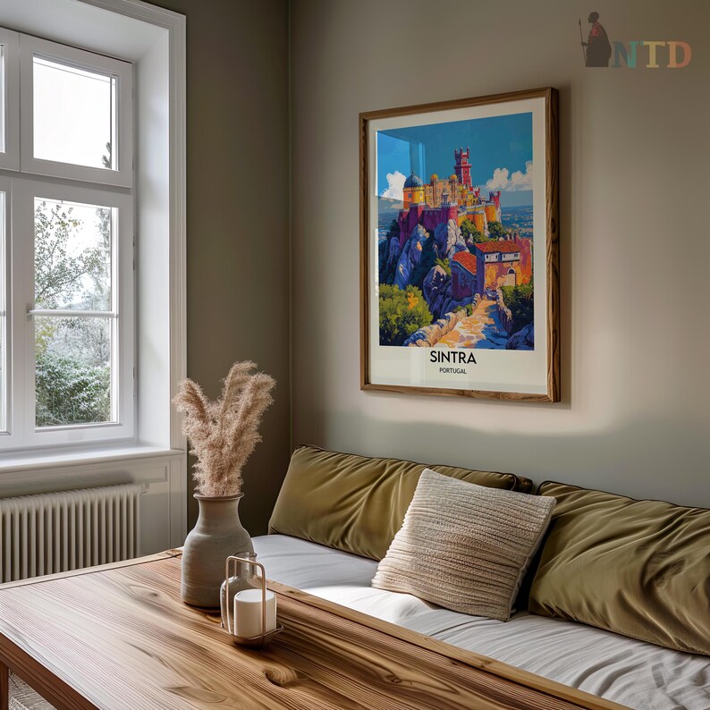 May include: A framed poster with a colorful illustration of a castle on a hill. The poster is titled "Sintra, Portugal".